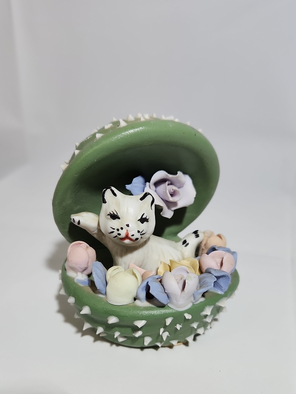 Vintage Ceramic Cat With Flowers Inside Cactus Clamshell, Leather Base, Handmade